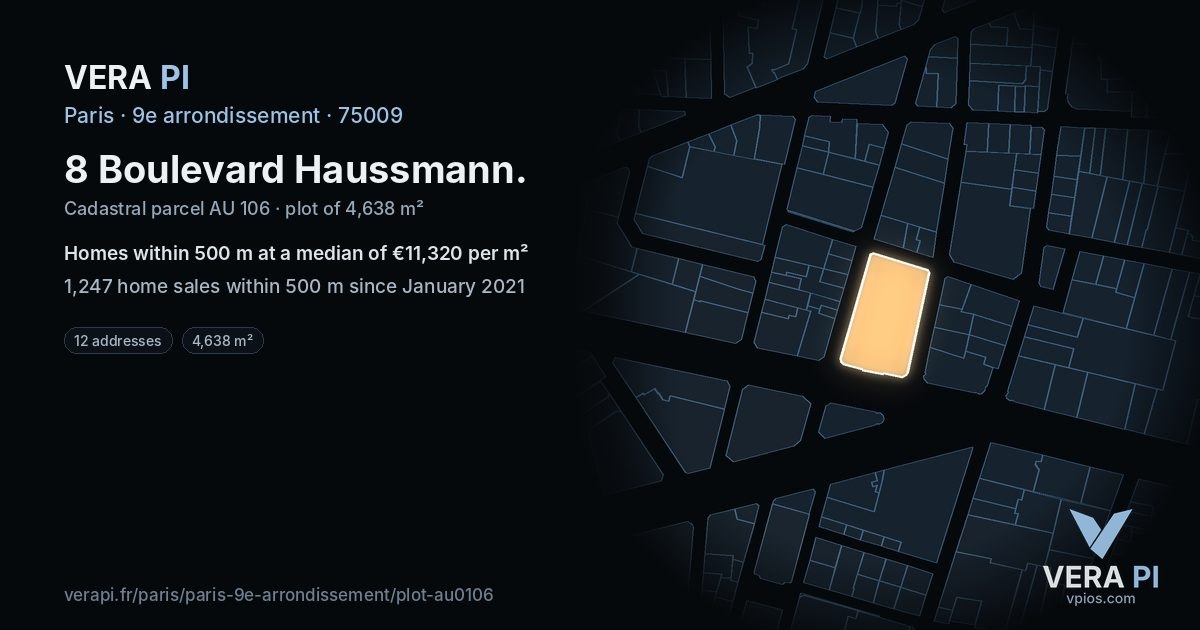 8 Boulevard Haussmann, 9e arrondissement at night – the plot lit, the parcels around coloured by the prices near them