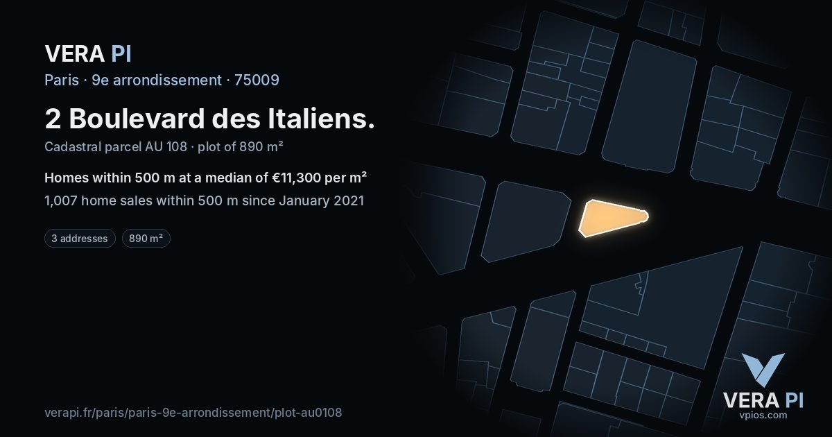 2 Boulevard des Italiens, 9e arrondissement at night – the plot lit, the parcels around coloured by the prices near them