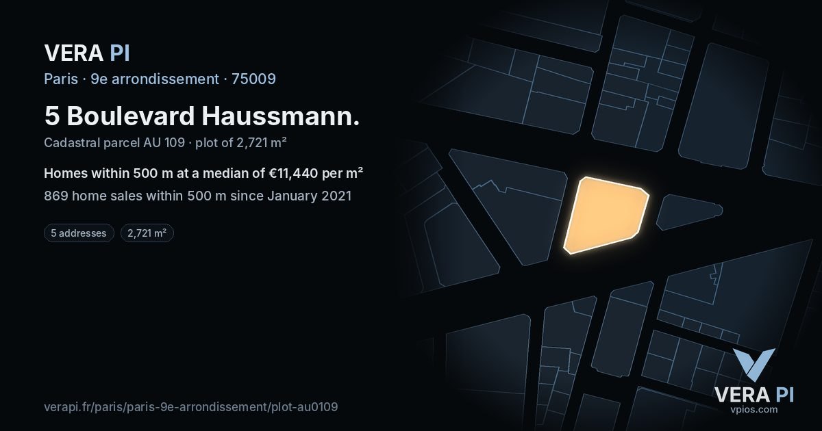 5 Boulevard Haussmann, 9e arrondissement at night – the plot lit, the parcels around coloured by the prices near them