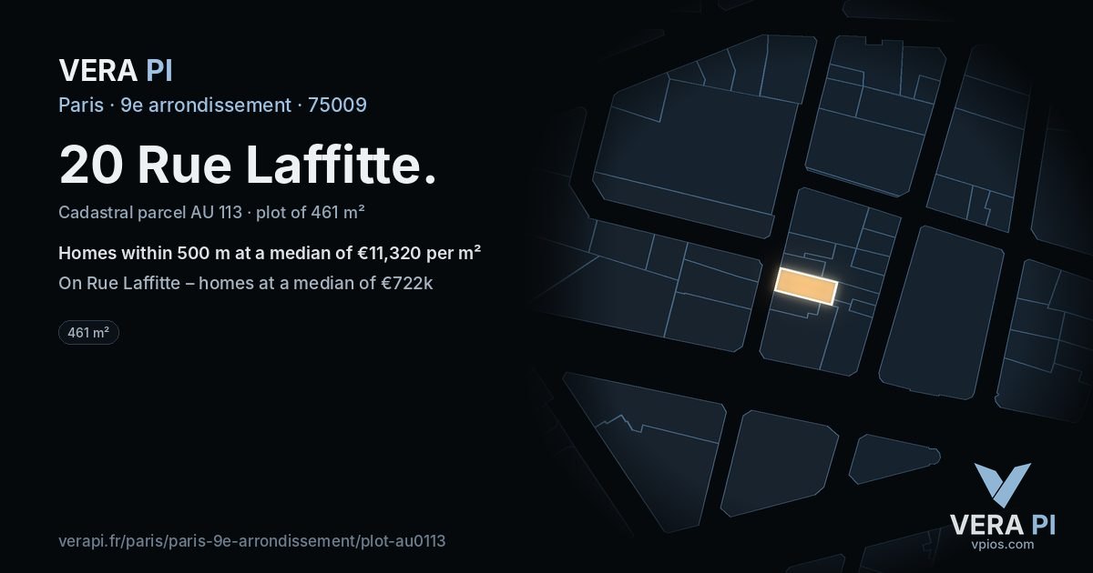 20 Rue Laffitte, 9e arrondissement at night – the plot lit, the parcels around coloured by the prices near them