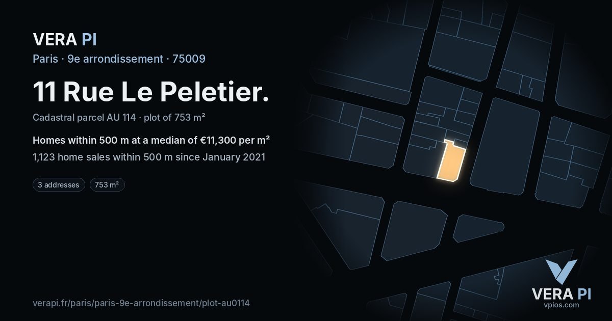 11 Rue Le Peletier, 9e arrondissement at night – the plot lit, the parcels around coloured by the prices near them