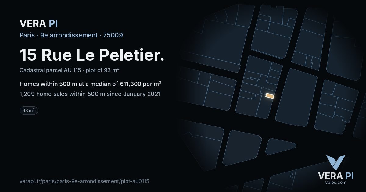 15 Rue Le Peletier, 9e arrondissement at night – the plot lit, the parcels around coloured by the prices near them