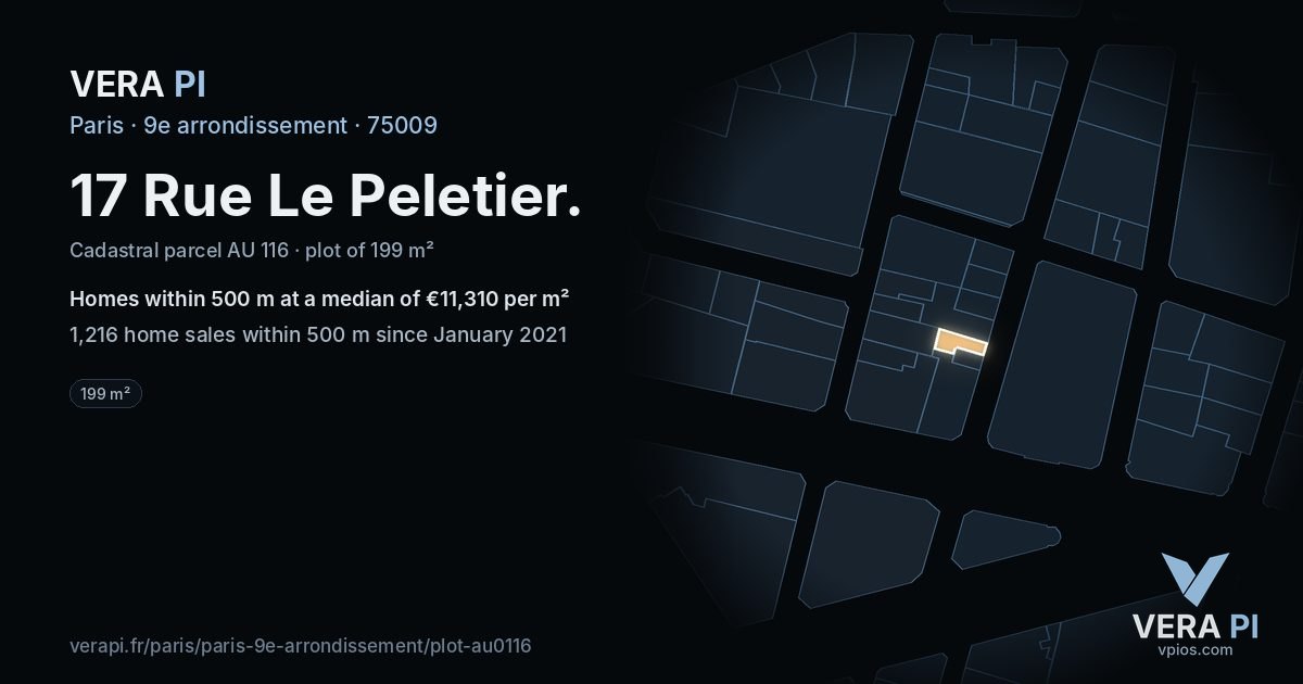 17 Rue Le Peletier, 9e arrondissement at night – the plot lit, the parcels around coloured by the prices near them