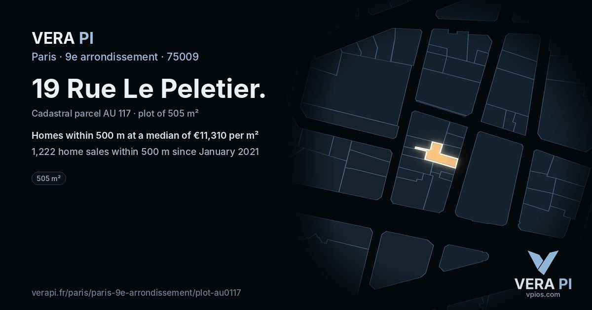 19 Rue Le Peletier, 9e arrondissement at night – the plot lit, the parcels around coloured by the prices near them