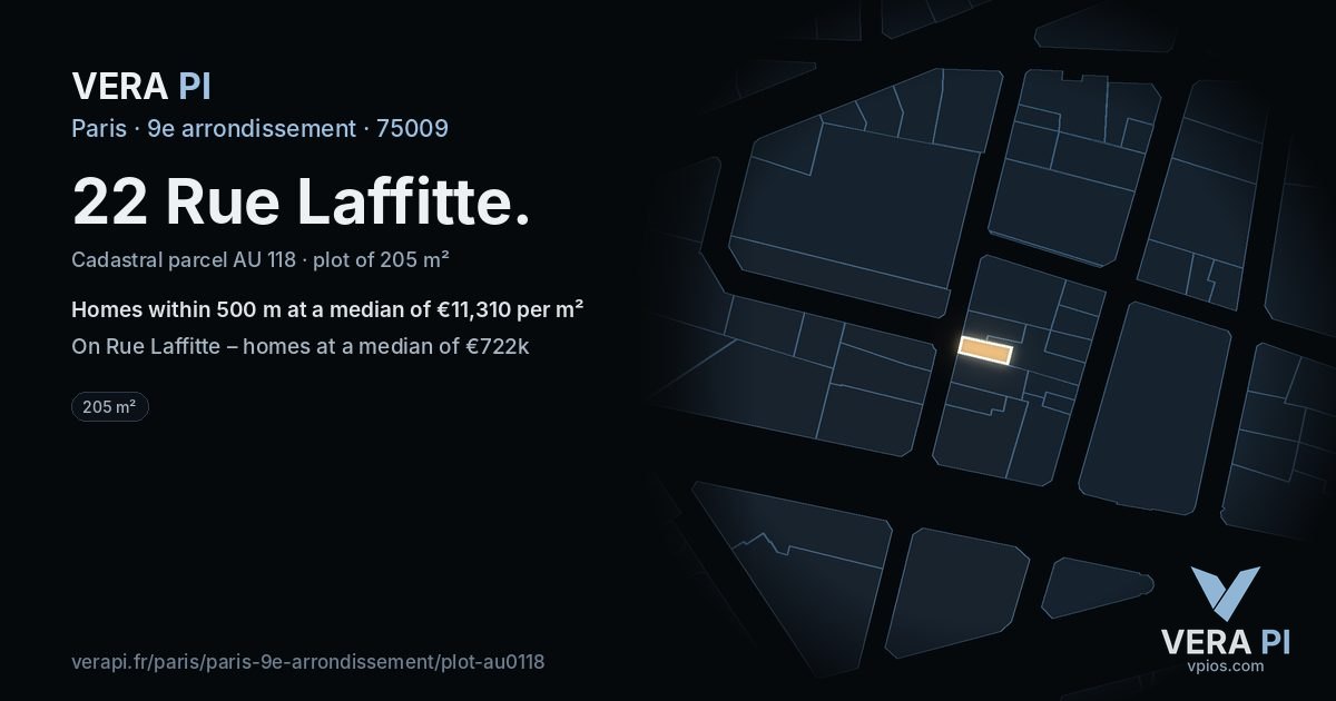 22 Rue Laffitte, 9e arrondissement at night – the plot lit, the parcels around coloured by the prices near them
