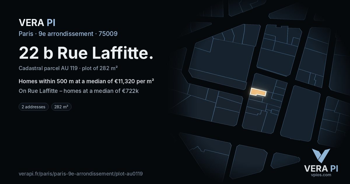 22 b Rue Laffitte, 9e arrondissement at night – the plot lit, the parcels around coloured by the prices near them