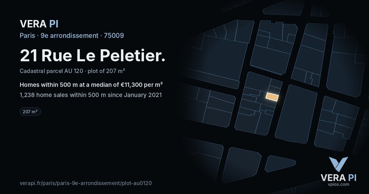 21 Rue Le Peletier, 9e arrondissement at night – the plot lit, the parcels around coloured by the prices near them