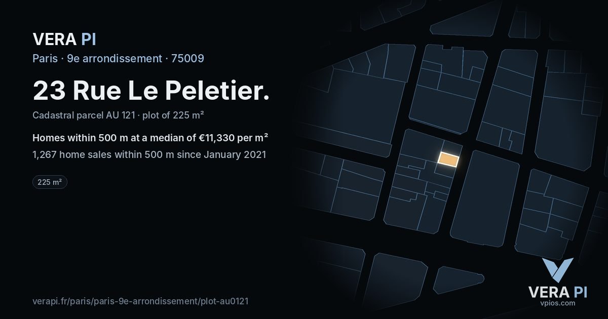 23 Rue Le Peletier, 9e arrondissement at night – the plot lit, the parcels around coloured by the prices near them