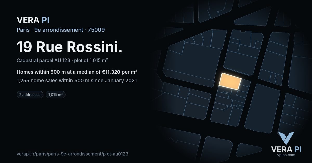 19 Rue Rossini, 9e arrondissement at night – the plot lit, the parcels around coloured by the prices near them