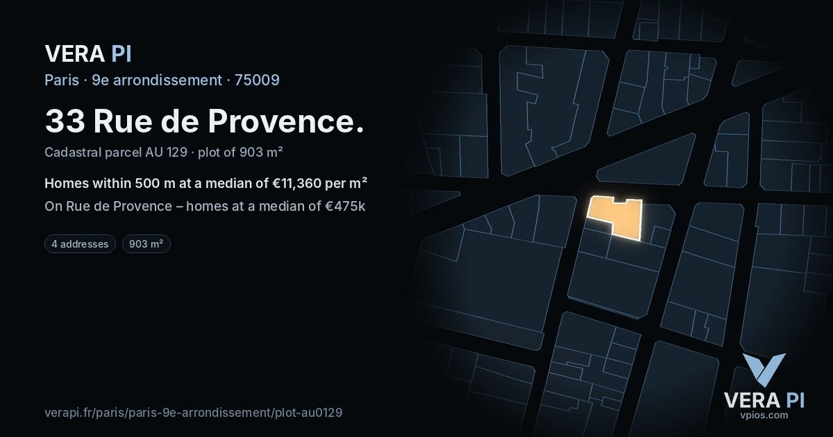 33 Rue de Provence, 9e arrondissement at night – the plot lit, the parcels around coloured by the prices near them