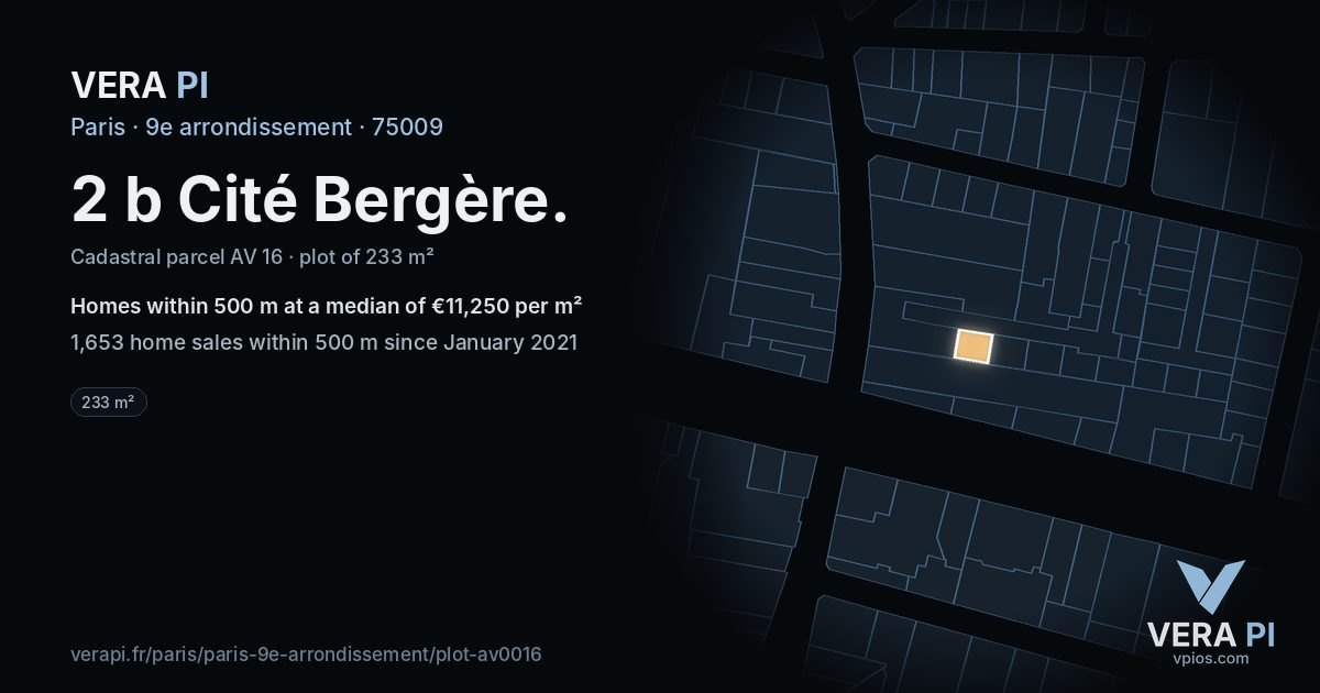 2 b Cité Bergère, 9e arrondissement at night – the plot lit, the parcels around coloured by the prices near them