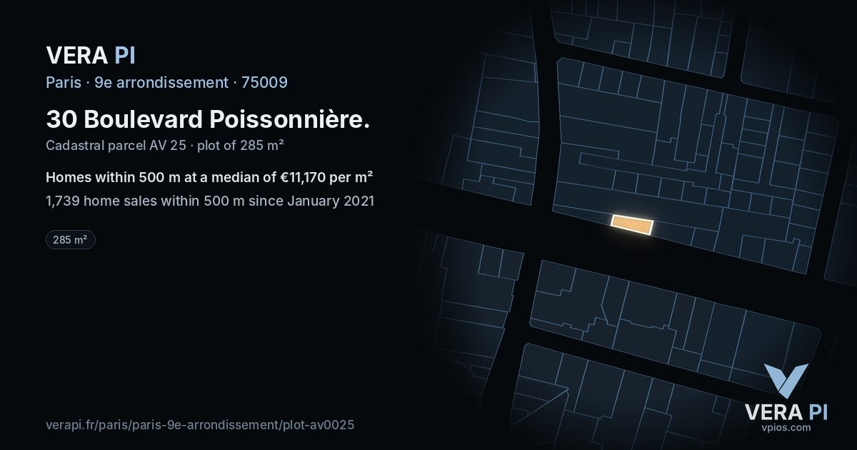 30 Boulevard Poissonnière, 9e arrondissement at night – the plot lit, the parcels around coloured by the prices near them