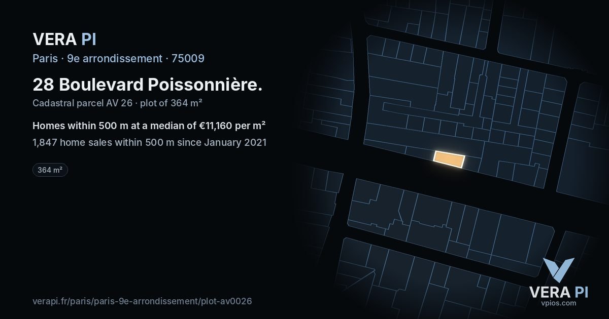 28 Boulevard Poissonnière, 9e arrondissement at night – the plot lit, the parcels around coloured by the prices near them