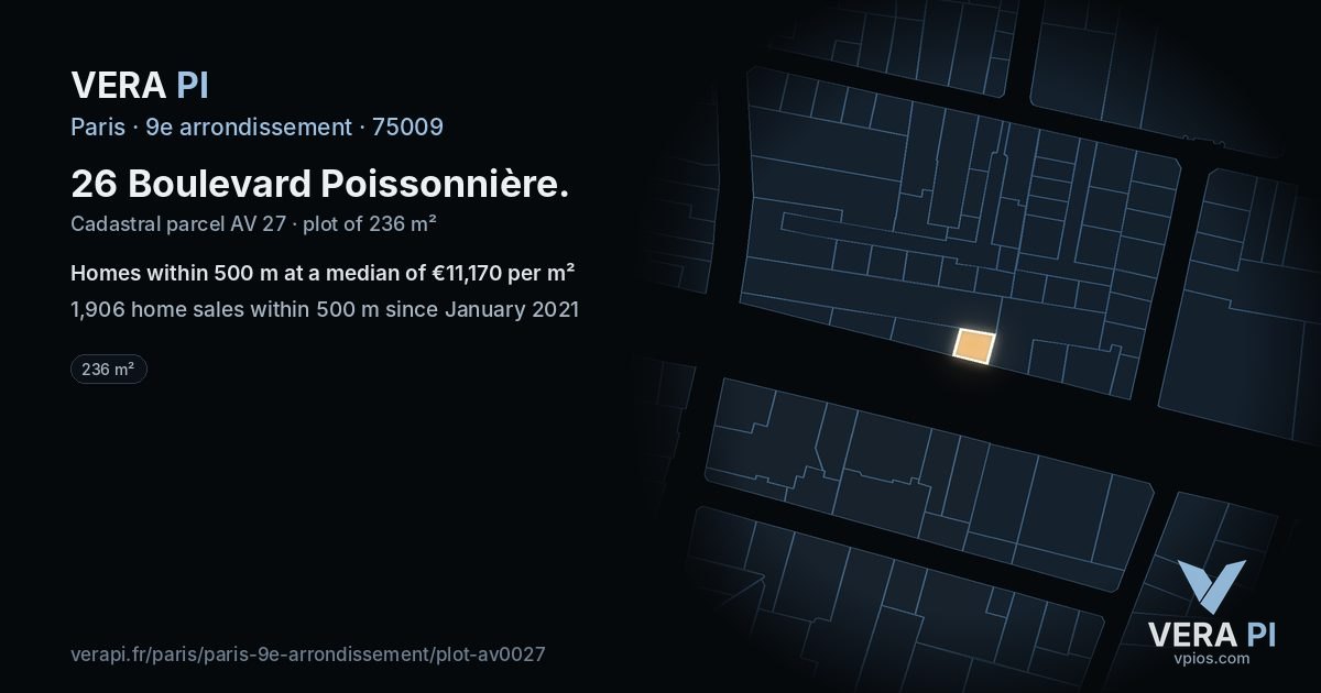 26 Boulevard Poissonnière, 9e arrondissement at night – the plot lit, the parcels around coloured by the prices near them