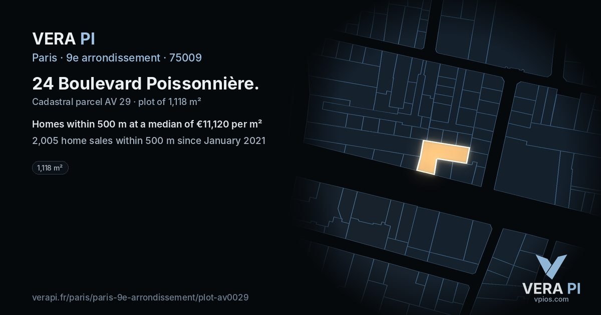 24 Boulevard Poissonnière, 9e arrondissement at night – the plot lit, the parcels around coloured by the prices near them