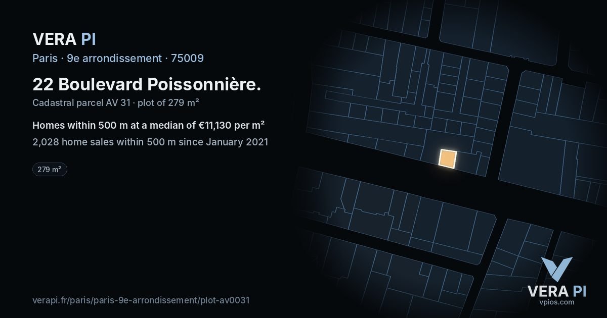 22 Boulevard Poissonnière, 9e arrondissement at night – the plot lit, the parcels around coloured by the prices near them