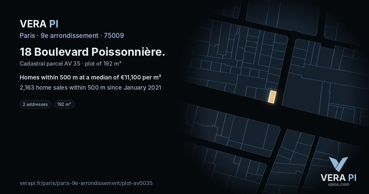18 Boulevard Poissonnière, 9e arrondissement at night – the plot lit, the parcels around coloured by the prices near them