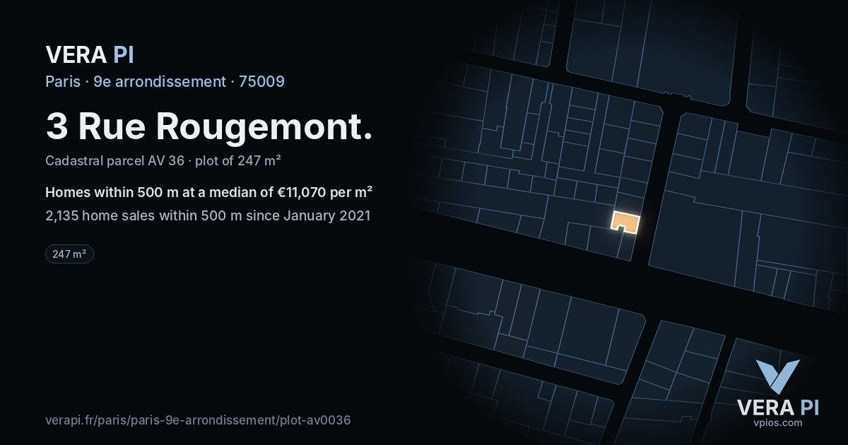 3 Rue Rougemont, 9e arrondissement at night – the plot lit, the parcels around coloured by the prices near them
