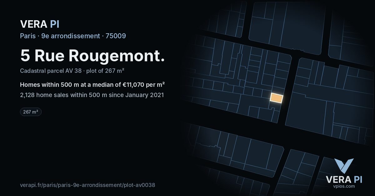 5 Rue Rougemont, 9e arrondissement at night – the plot lit, the parcels around coloured by the prices near them