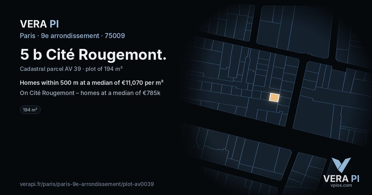 5 b Cité Rougemont, 9e arrondissement at night – the plot lit, the parcels around coloured by the prices near them