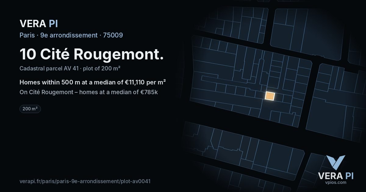 10 Cité Rougemont, 9e arrondissement at night – the plot lit, the parcels around coloured by the prices near them