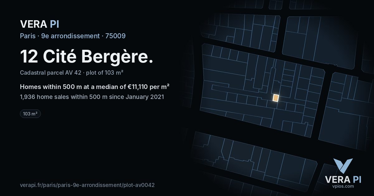 12 Cité Bergère, 9e arrondissement at night – the plot lit, the parcels around coloured by the prices near them