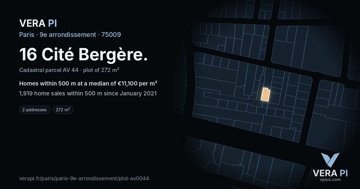 16 Cité Bergère, 9e arrondissement at night – the plot lit, the parcels around coloured by the prices near them