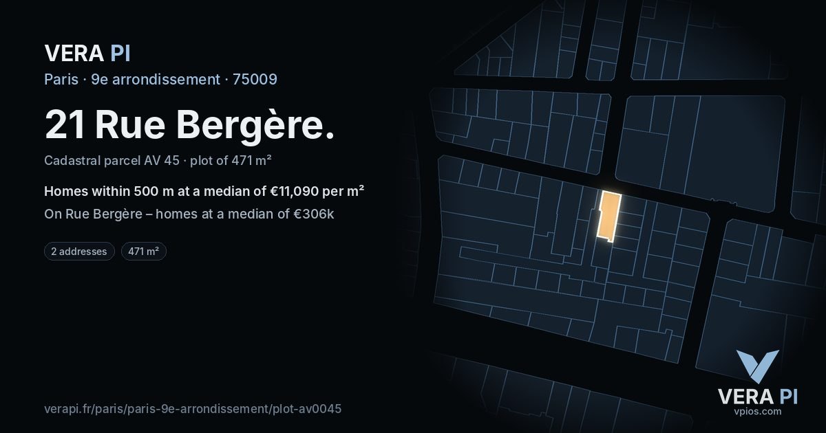 21 Rue Bergère, 9e arrondissement at night – the plot lit, the parcels around coloured by the prices near them