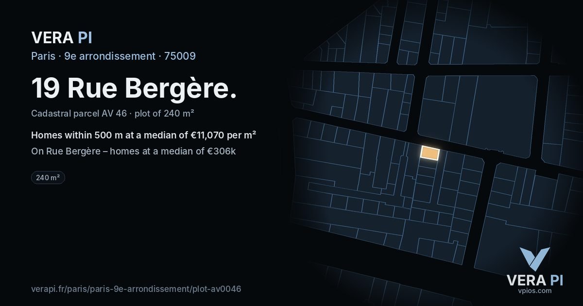 19 Rue Bergère, 9e arrondissement at night – the plot lit, the parcels around coloured by the prices near them