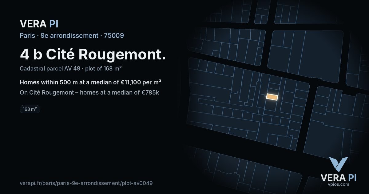 4 b Cité Rougemont, 9e arrondissement at night – the plot lit, the parcels around coloured by the prices near them