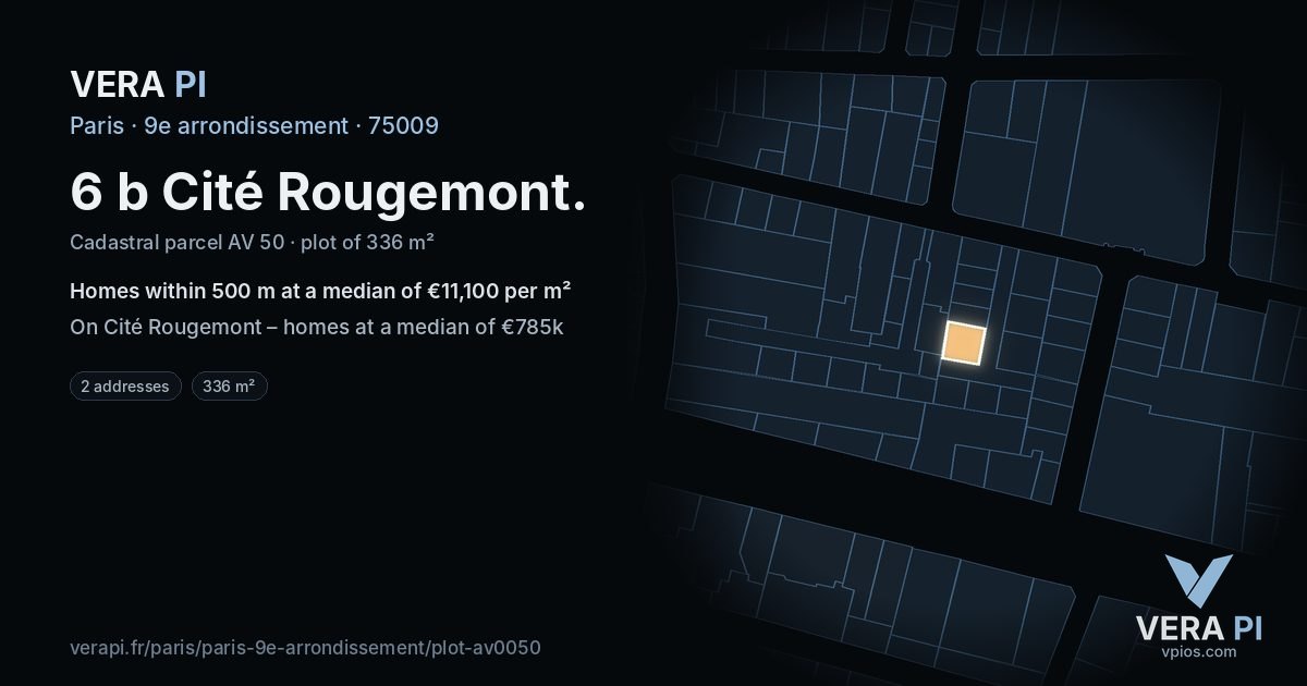 6 b Cité Rougemont, 9e arrondissement at night – the plot lit, the parcels around coloured by the prices near them