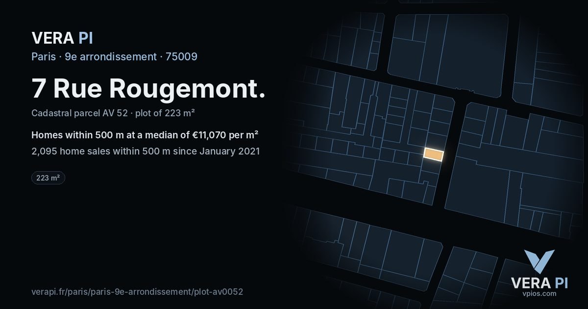 7 Rue Rougemont, 9e arrondissement at night – the plot lit, the parcels around coloured by the prices near them