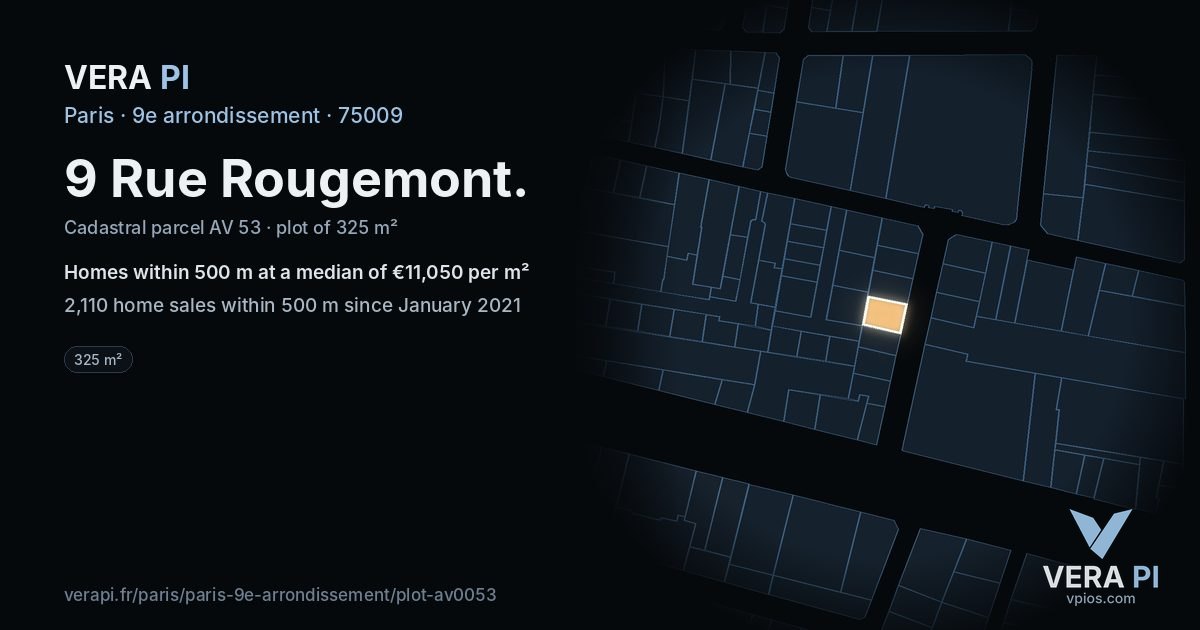 9 Rue Rougemont, 9e arrondissement at night – the plot lit, the parcels around coloured by the prices near them