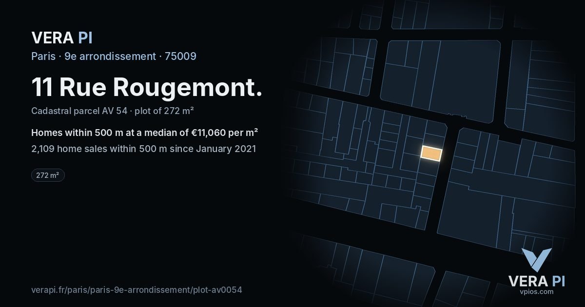 11 Rue Rougemont, 9e arrondissement at night – the plot lit, the parcels around coloured by the prices near them