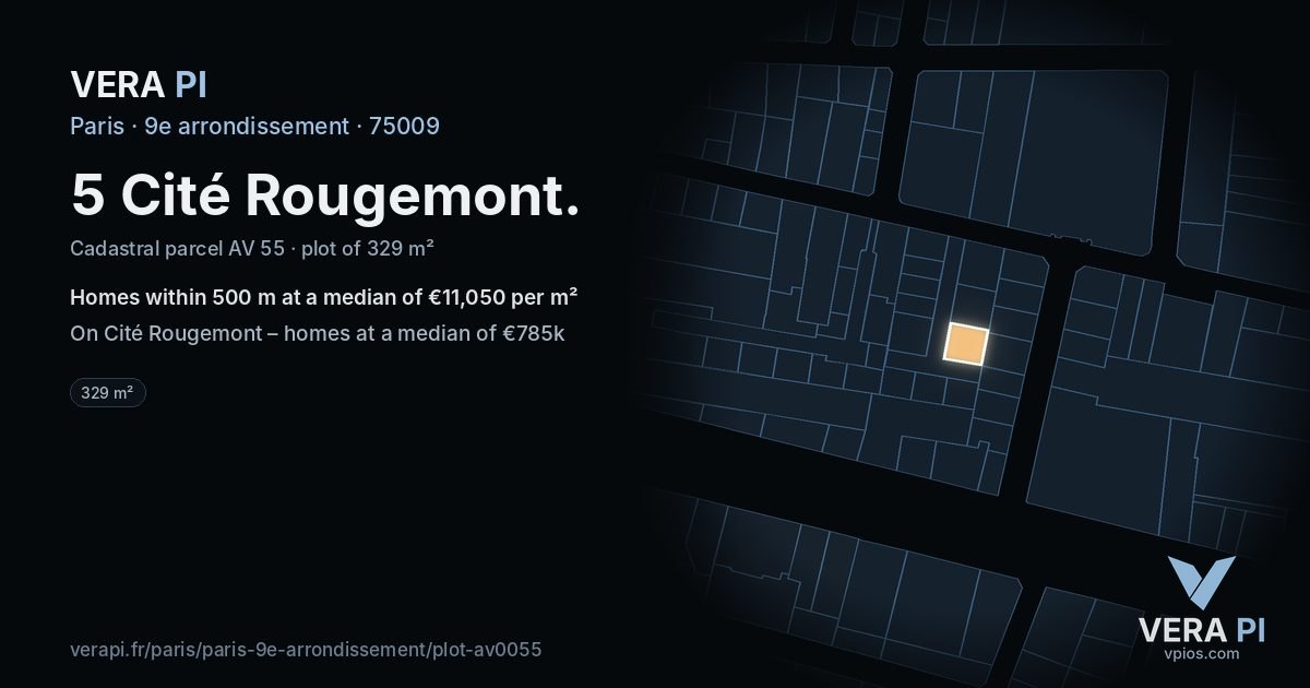 5 Cité Rougemont, 9e arrondissement at night – the plot lit, the parcels around coloured by the prices near them