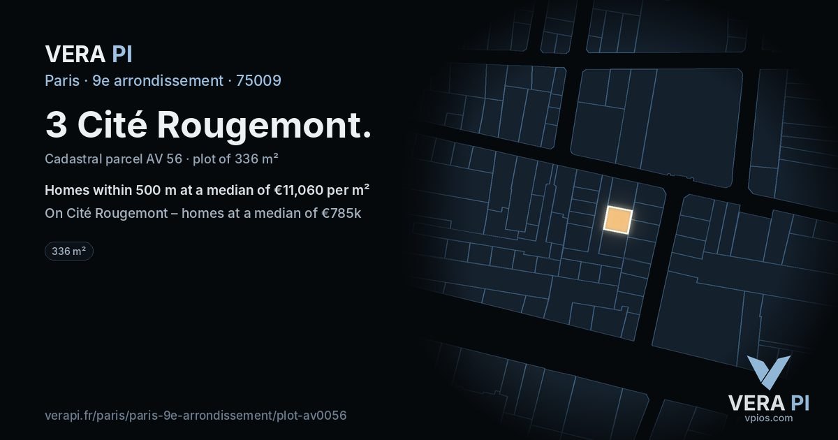 3 Cité Rougemont, 9e arrondissement at night – the plot lit, the parcels around coloured by the prices near them