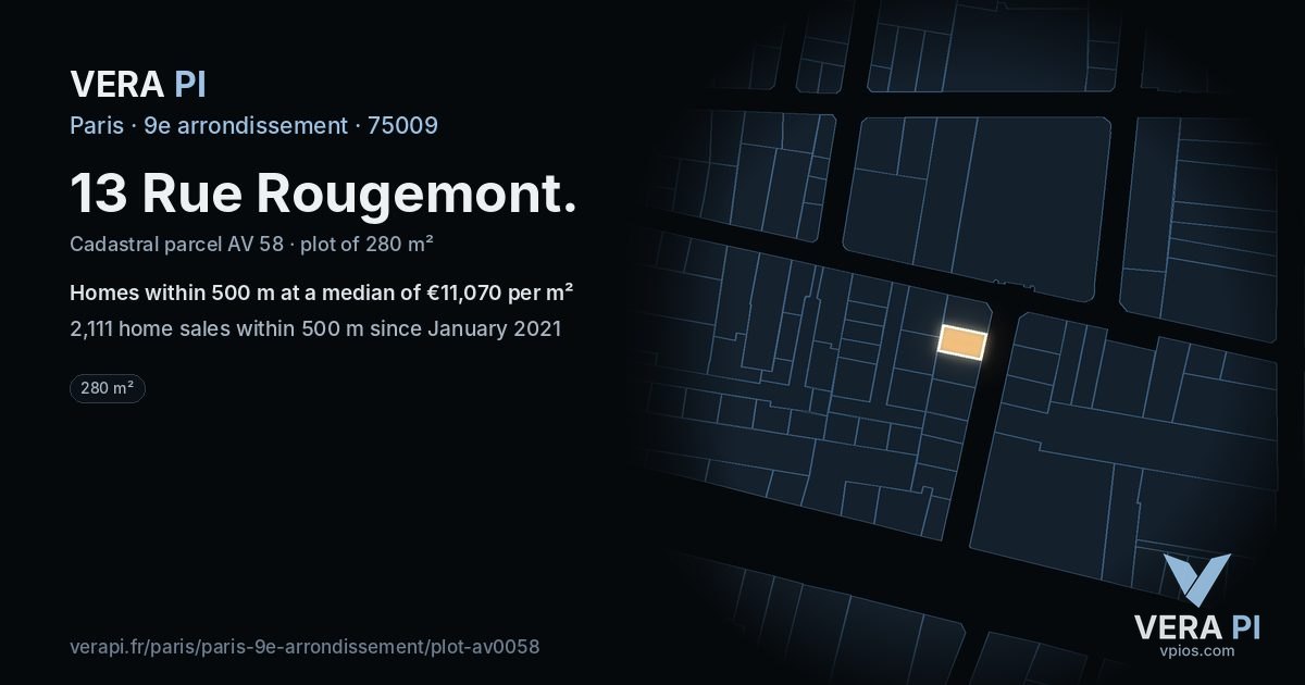 13 Rue Rougemont, 9e arrondissement at night – the plot lit, the parcels around coloured by the prices near them