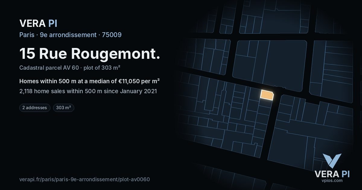15 Rue Rougemont, 9e arrondissement at night – the plot lit, the parcels around coloured by the prices near them