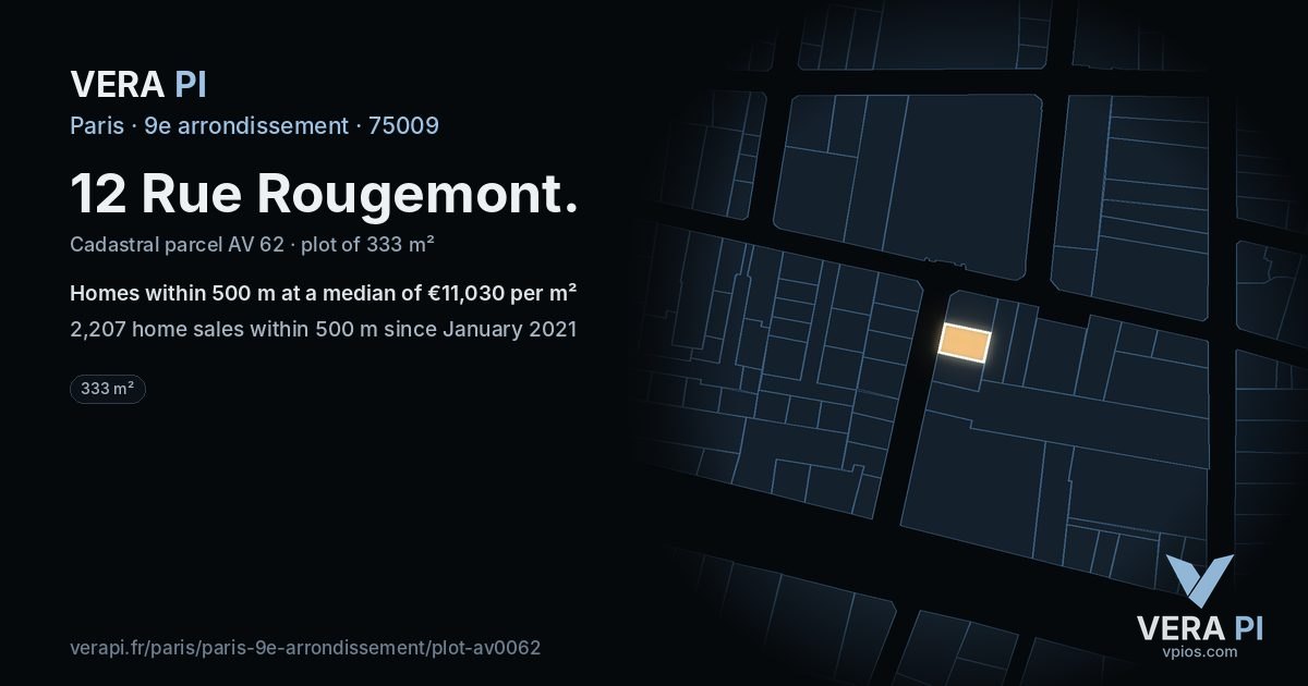12 Rue Rougemont, 9e arrondissement at night – the plot lit, the parcels around coloured by the prices near them