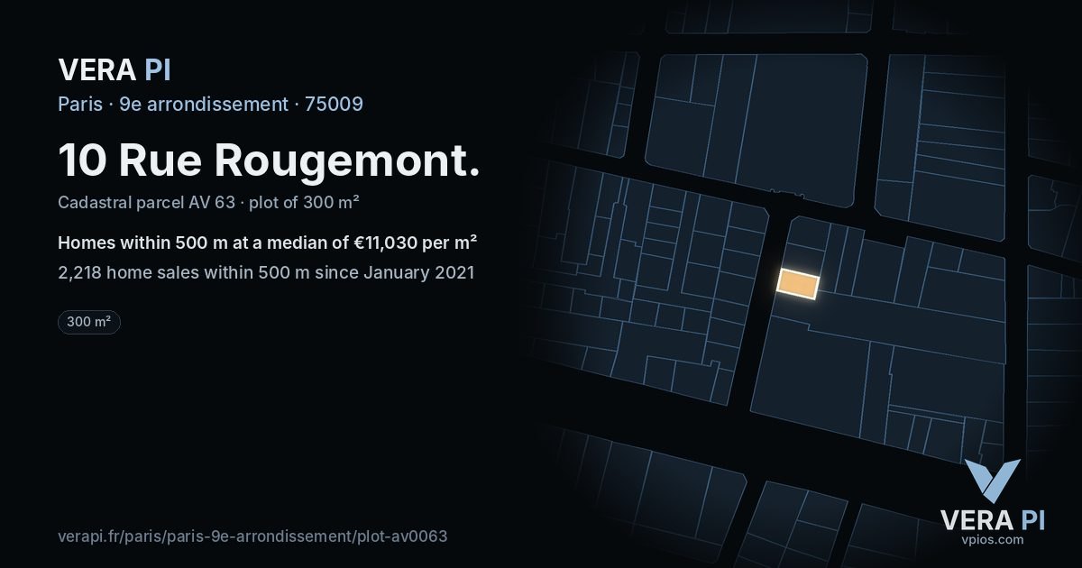 10 Rue Rougemont, 9e arrondissement at night – the plot lit, the parcels around coloured by the prices near them