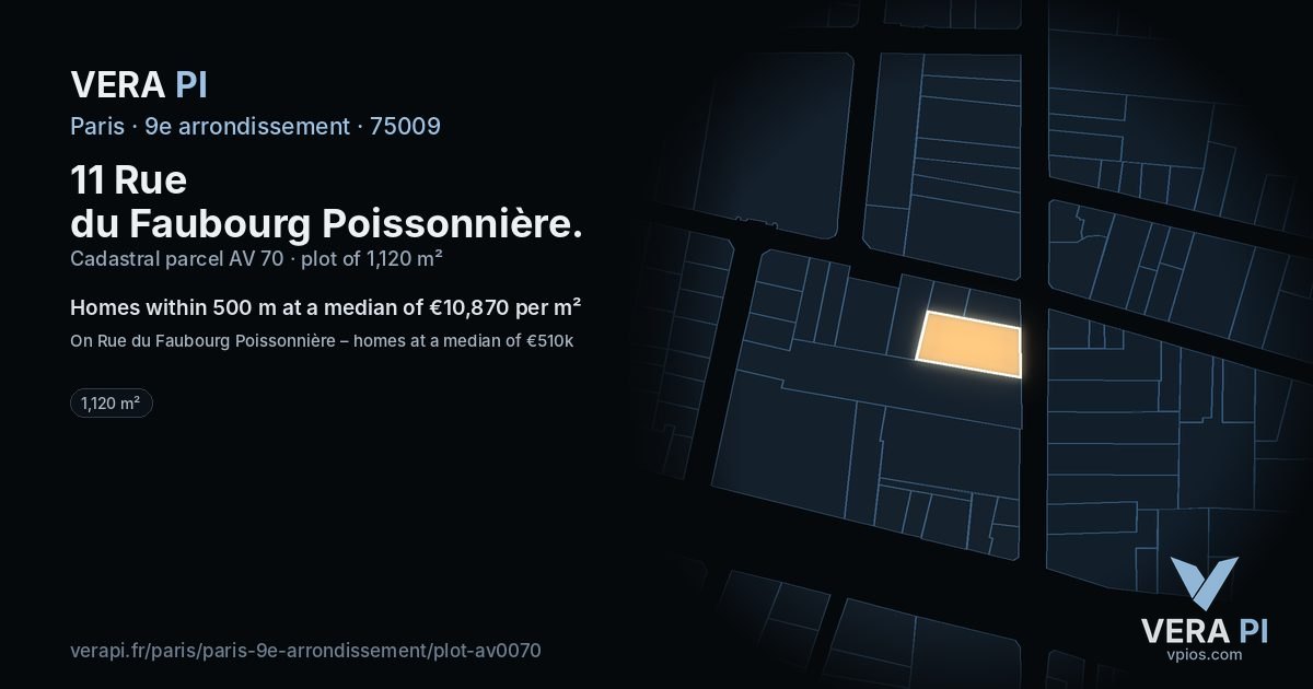 11 Rue du Faubourg Poissonnière, 9e arrondissement at night – the plot lit, the parcels around coloured by the prices near them