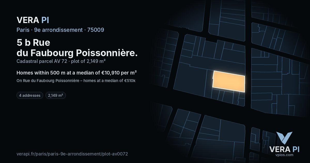5 b Rue du Faubourg Poissonnière, 9e arrondissement at night – the plot lit, the parcels around coloured by the prices near them