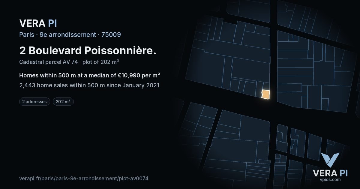 2 Boulevard Poissonnière, 9e arrondissement at night – the plot lit, the parcels around coloured by the prices near them