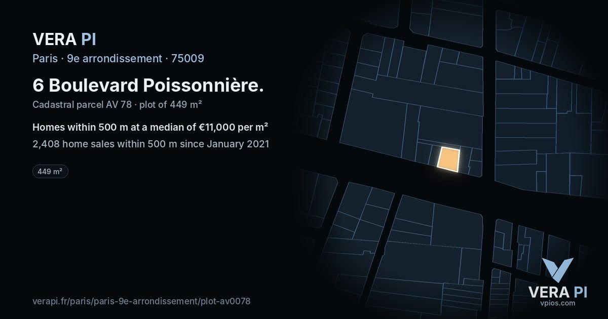 6 Boulevard Poissonnière, 9e arrondissement at night – the plot lit, the parcels around coloured by the prices near them
