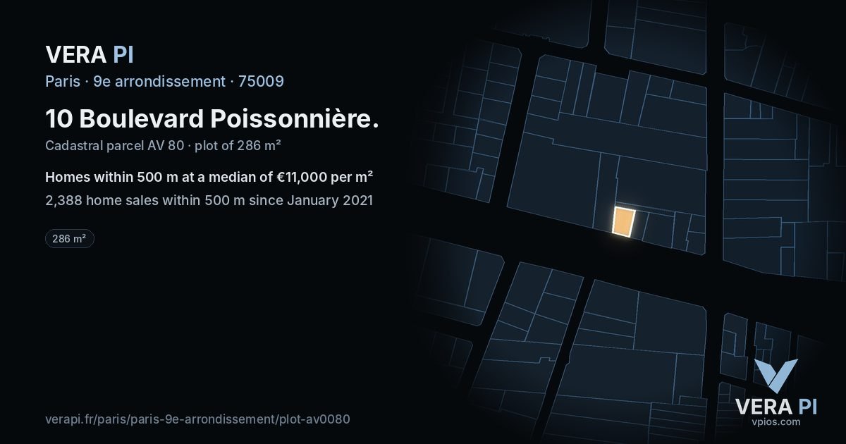 10 Boulevard Poissonnière, 9e arrondissement at night – the plot lit, the parcels around coloured by the prices near them