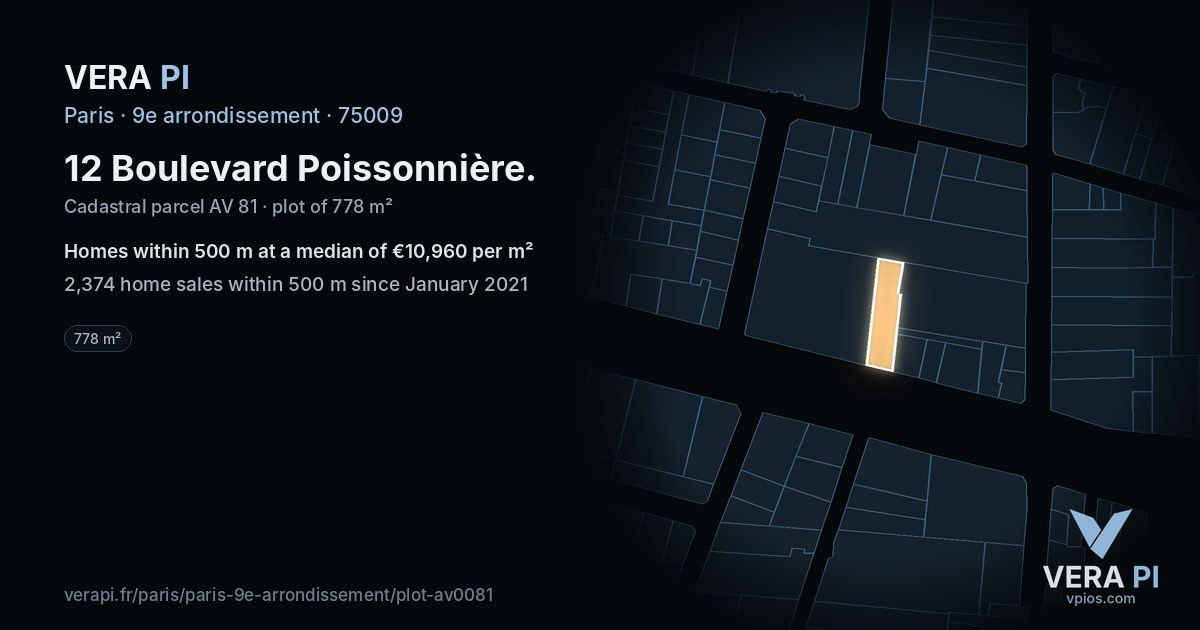 12 Boulevard Poissonnière, 9e arrondissement at night – the plot lit, the parcels around coloured by the prices near them