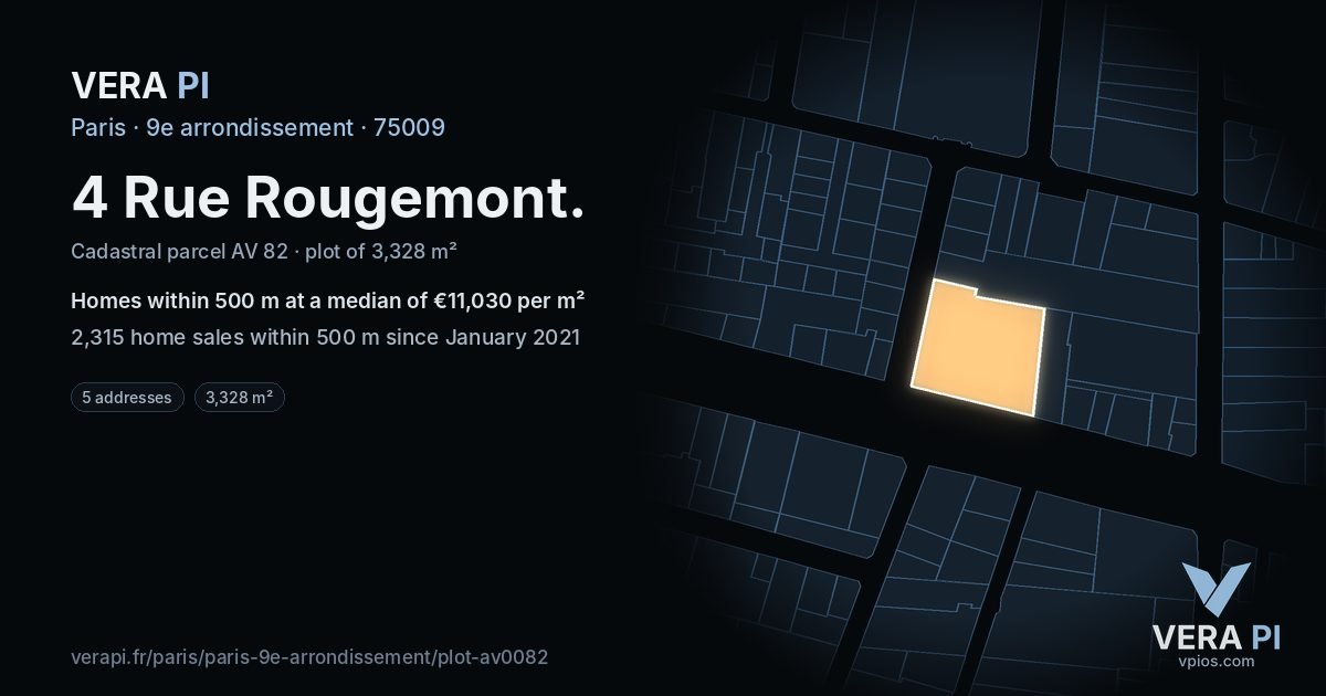4 Rue Rougemont, 9e arrondissement at night – the plot lit, the parcels around coloured by the prices near them