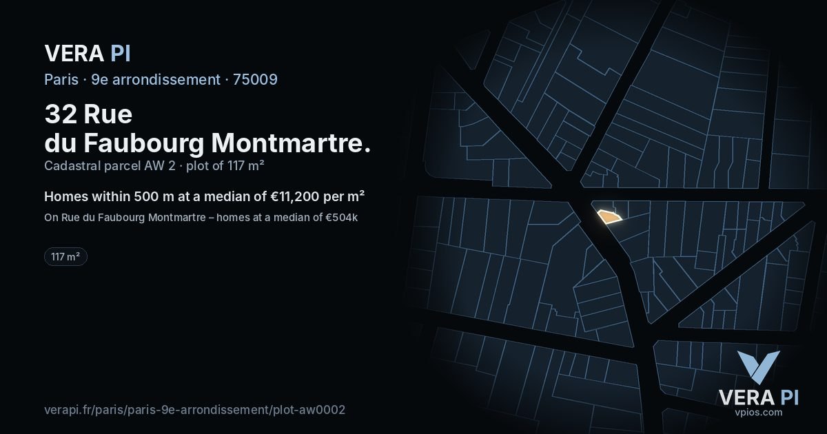 32 Rue du Faubourg Montmartre, 9e arrondissement at night – the plot lit, the parcels around coloured by the prices near them