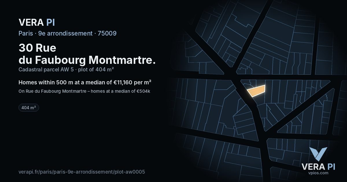 30 Rue du Faubourg Montmartre, 9e arrondissement at night – the plot lit, the parcels around coloured by the prices near them