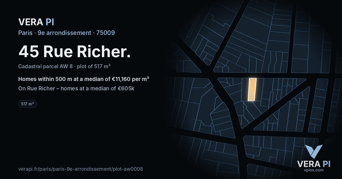 45 Rue Richer, 9e arrondissement at night – the plot lit, the parcels around coloured by the prices near them